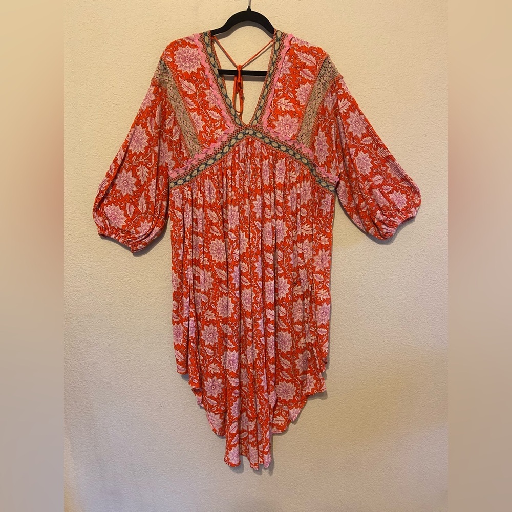 Free People High-Low Puff Sleeve Tie Back Dress Tunic Moon Child Maxi Top Sz L - Picture 2 of 10